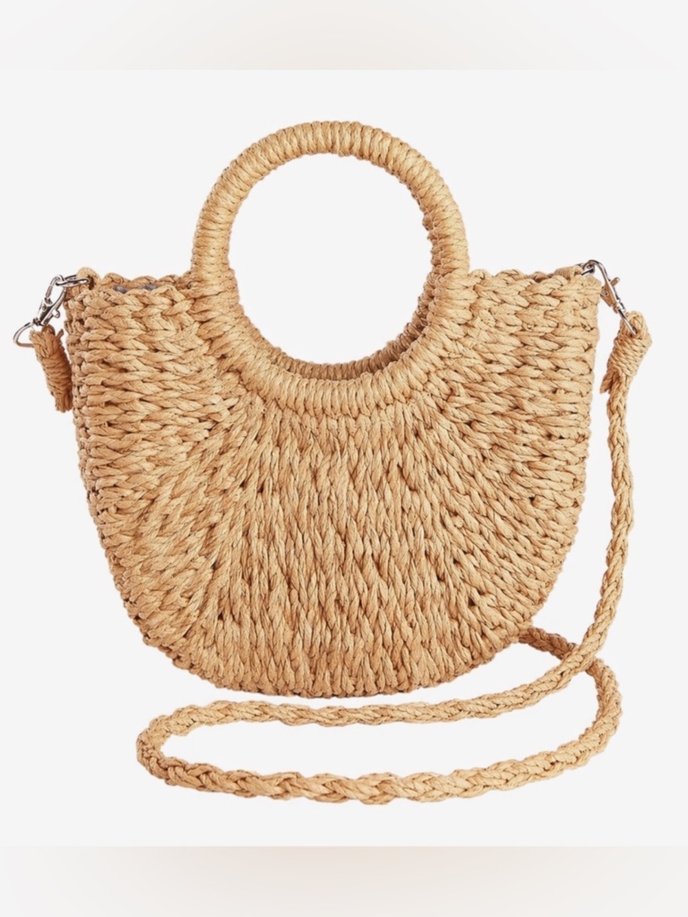 Chic Woven Straw Circle Handle Crossbody Bag - Natural